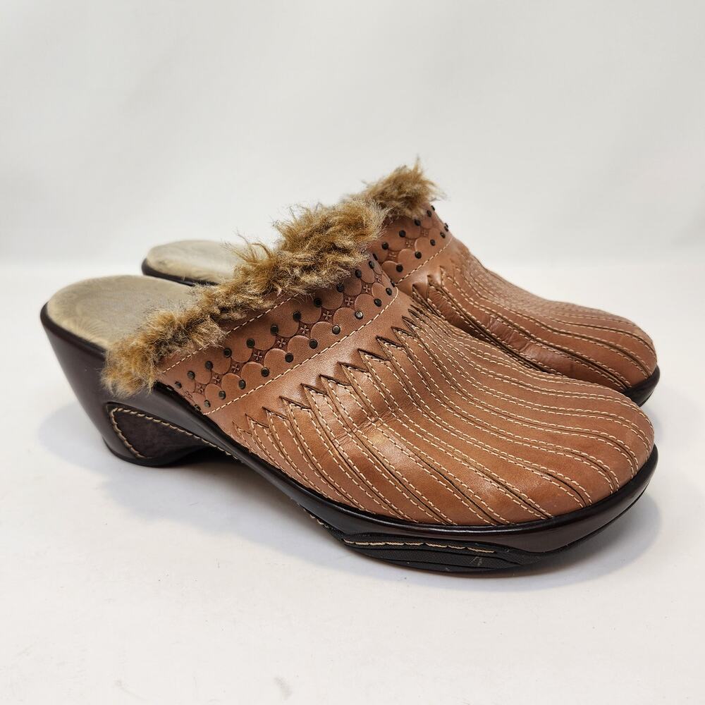 Jambu Womens Bali Brown Leather Faux Fur Sport Wedge Clogs Size 11 M Comfort